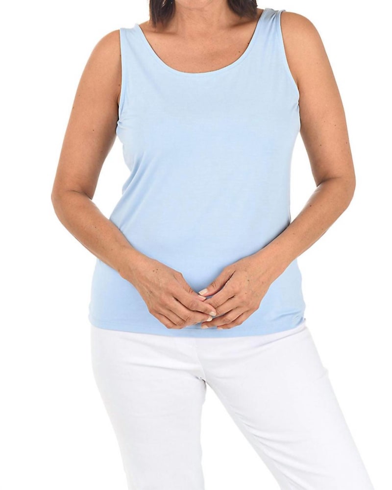 Front of a model wearing a size XL Bamboo Viscose Reversible Cami Top in Cerulean in Cerulean by CHARLIE B. | dia_product_style_image_id:346796